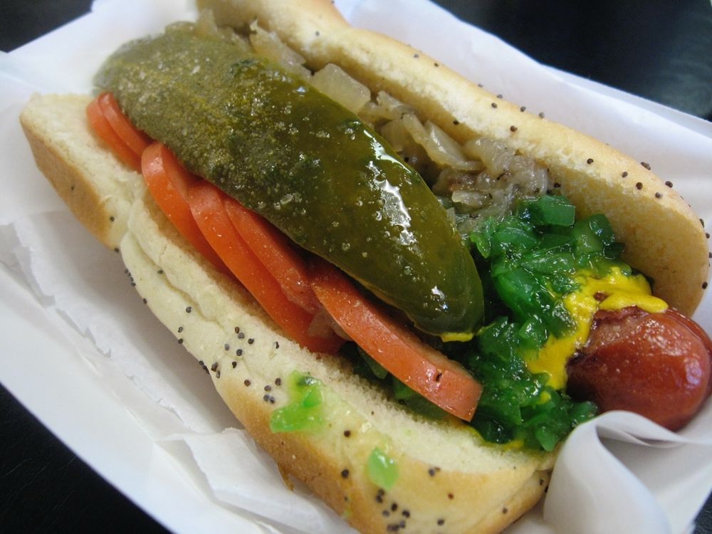A Chicago style hot dog, radioactive relish and all.