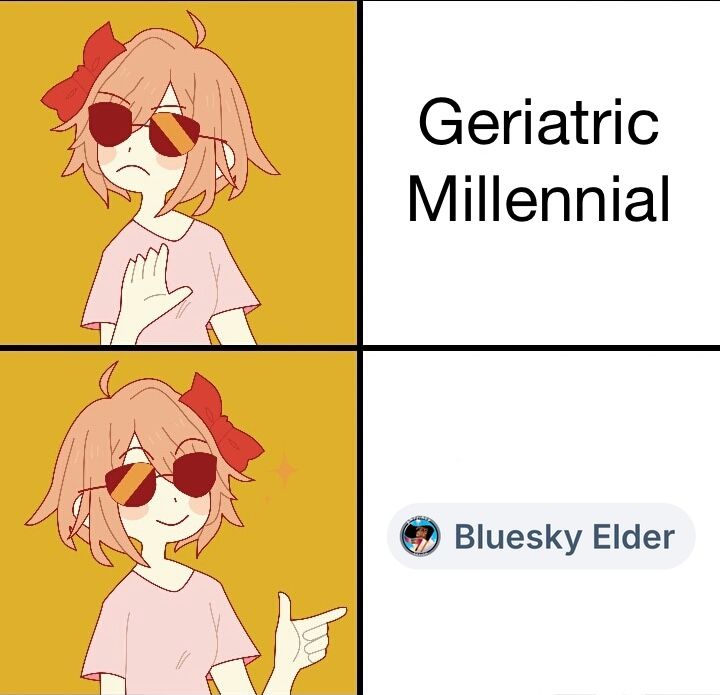Transfemme Drake meme shaking her head at "Geriatric Millennial" and pointing to the "Bluesky Elder" tag