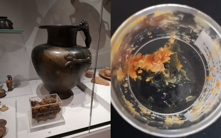 A hydria vessel on display at the Ashmolean Museum in 2019 alongside a Perspex box containing the residue. Next to this is an image of a smaller sample from the residue.