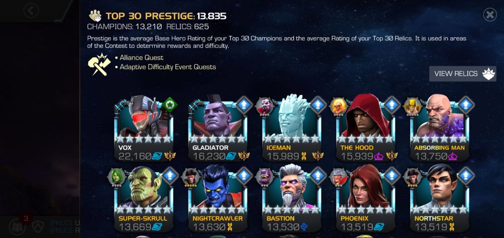 screenshot of my current Top 30 Prestige rating on Wednesday 8 October (2025) in Marvel Contest of Champions. 