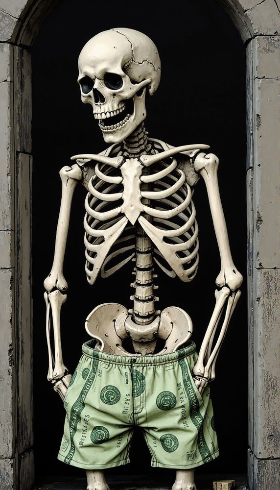 Model: Juggernaut Flux Pro
(graphic novel vector illustrations) a sad skeleton wearing boxer underwear made out of dollar bills, with pockets inside-out, inside a medieval jail-cell 