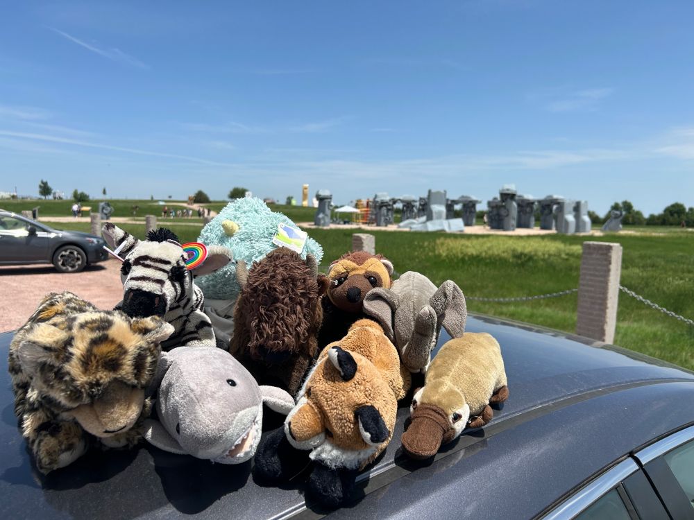 Nine stuffed animals sit on the roof of a car in a parking lot: a jaguar (Tritica), a zebra (Quixley), a shark (Trudy), a round blue narwal (Odoacer), a bison (Rochester), a fox, a wolverine (Pascale), an elephant (Barry), and a platypus (Marietta). In the background is Carhenge, a replica of Stonehenge made of old cars painted gray (one car is yellow and orange).