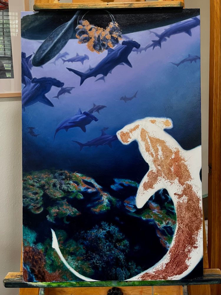 In-progress oil painting of a group of hammerhead sharks. The angle is from underwater. One shark is much closer and looking away from us towards a canoe in the water surface. 