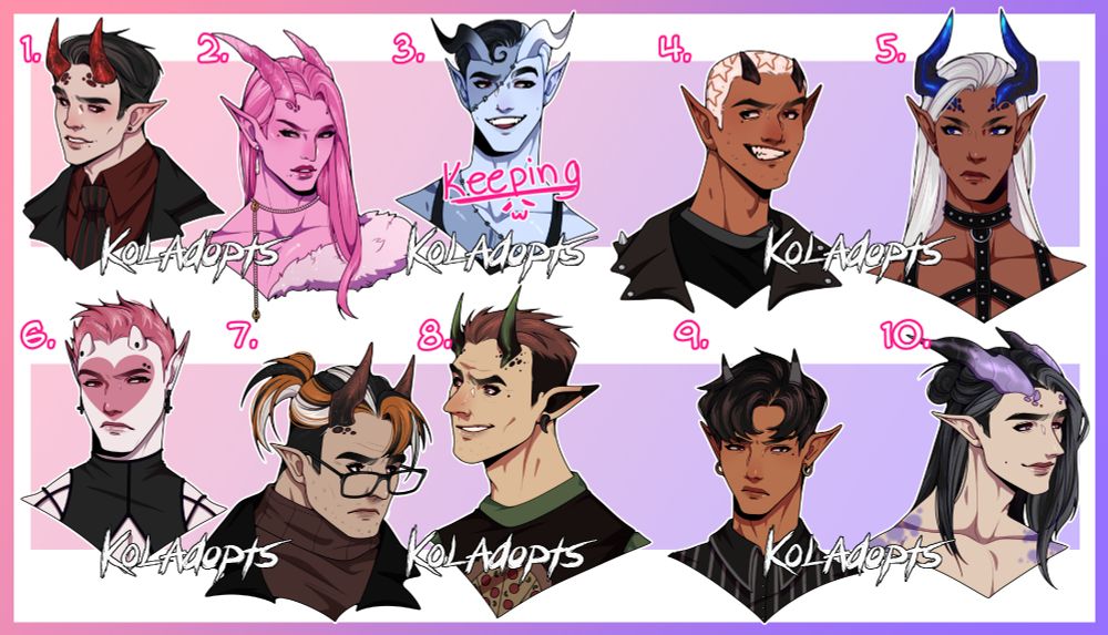 Shows 10 adoptable character designs. Characters are bust-up, off base and all demons/Tieflings. They're drawn with modern clothes. 