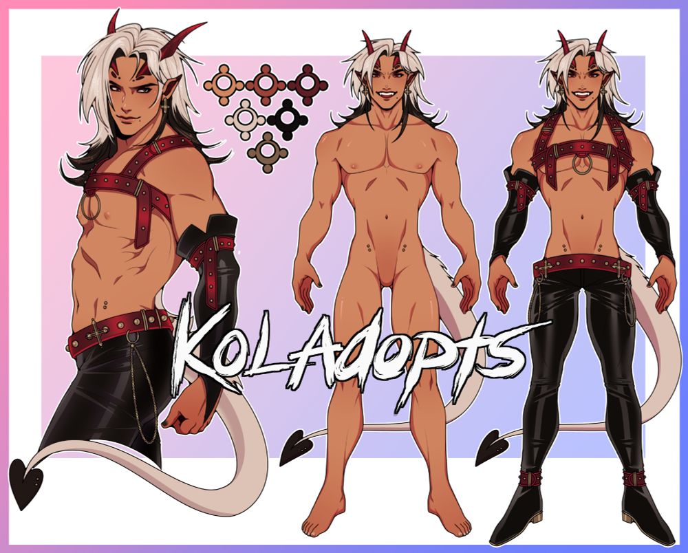 Shows a masculine demon character with a tan skin tone, white and black hair, red horns and a thick spade tail. The sheet includes one half body done on base, and a sfw nude and outfit version on a full body symmetrical base. Colour palette is also included. 
