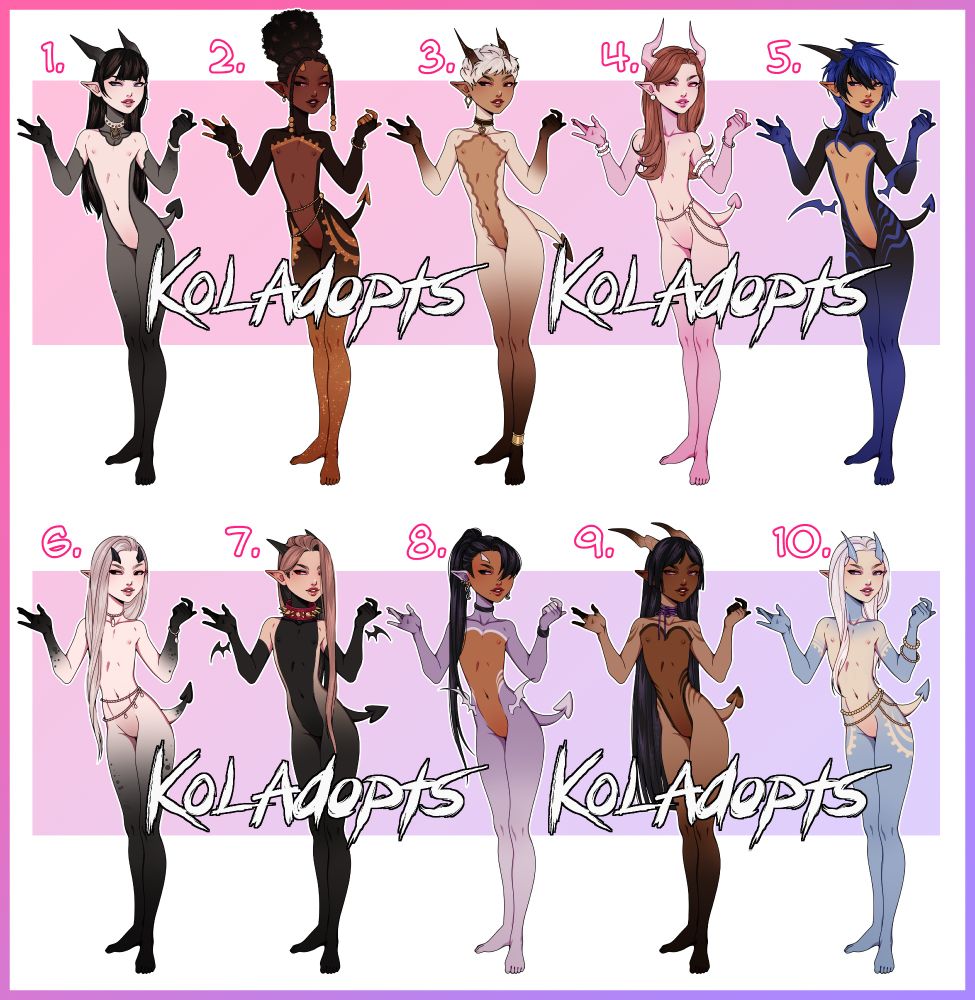 Shows a lineup of 10 demon adopts. Characters are full body drawn on a personal base and feminine/neutral
All have horns and short tails with various accessories and themes. 