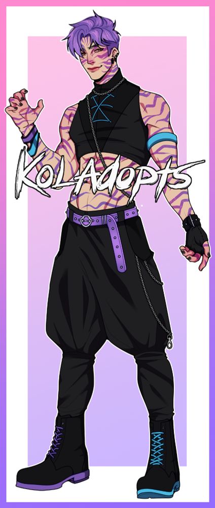 Shows a character design that is being put up for adoption. The character is inspired by the kpdh or kpop demon hunters world and is a masculine full body character with purple body stripes, purple hair and a black/blue/purple outfit! 