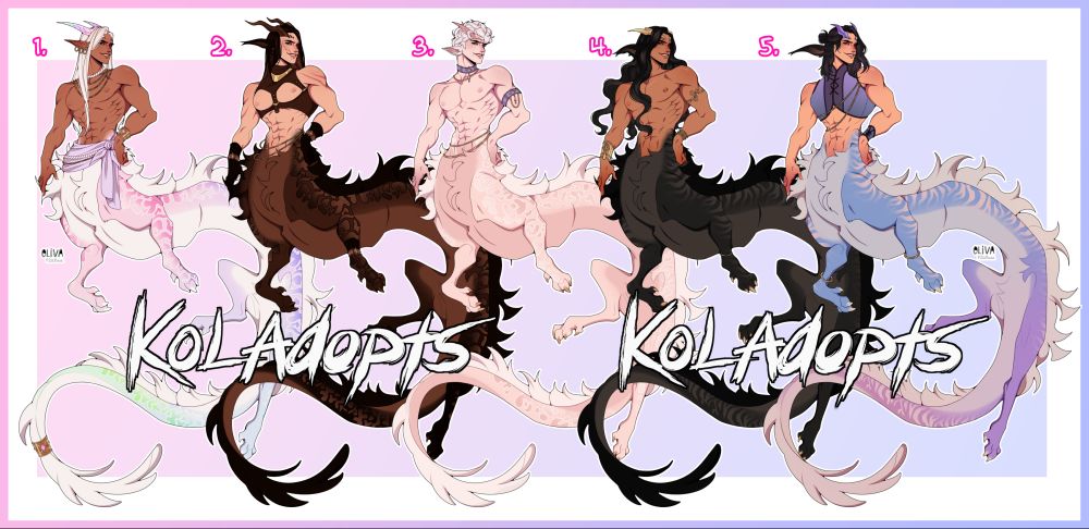 Shows a character sheet with 5 dragon-taur masculine designs that are being put up for adoption. All characters have a dragon lower body and humanoid upper body with horns.