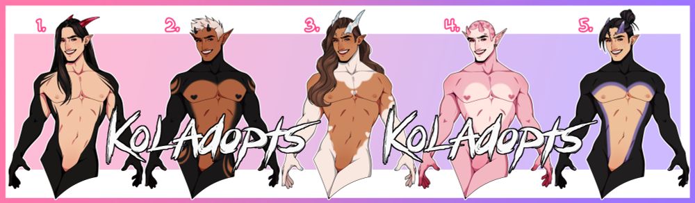 Shows a lineup of 5 character designs! Characters are masculine, muscular and demon themed! They are thigh-up and done on-base. 
Characters are adopts. 