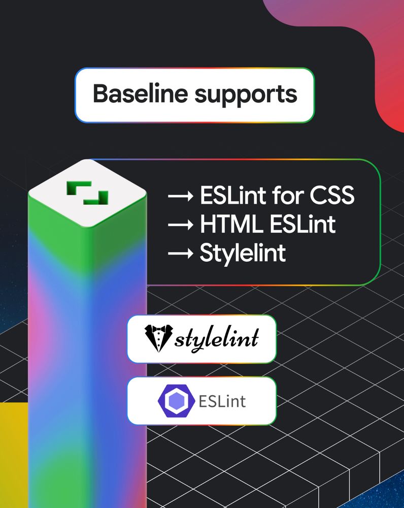 Image reads "Baseline supports ESLint for CSS, HTML ESLint, Stylelint"