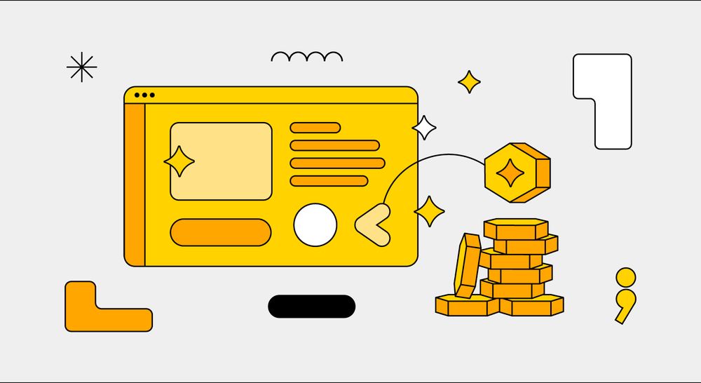 A stylized illustration shows a bright yellow web browser interface on a light gray background. 