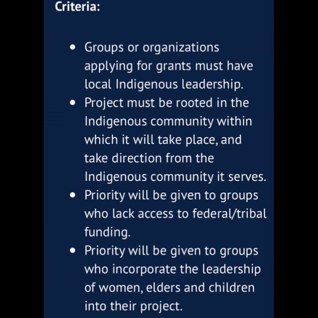 Criteria:

Groups or organizations applying for grants must have local Indigenous leadership.
Project must be rooted in the Indigenous community within which it will take place, and take direction from the Indigenous community it serves.
Priority will be given to groups who lack access to federal/tribal funding.
Priority will be given to groups who incorporate the leadership of women, elders and children into their project.