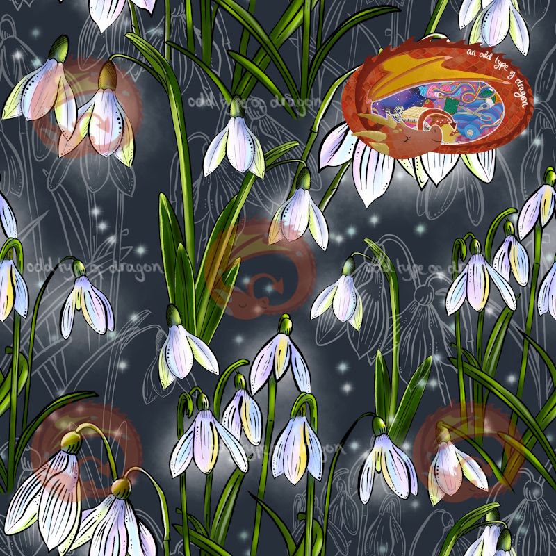 Luminous snowdrops on dark grey