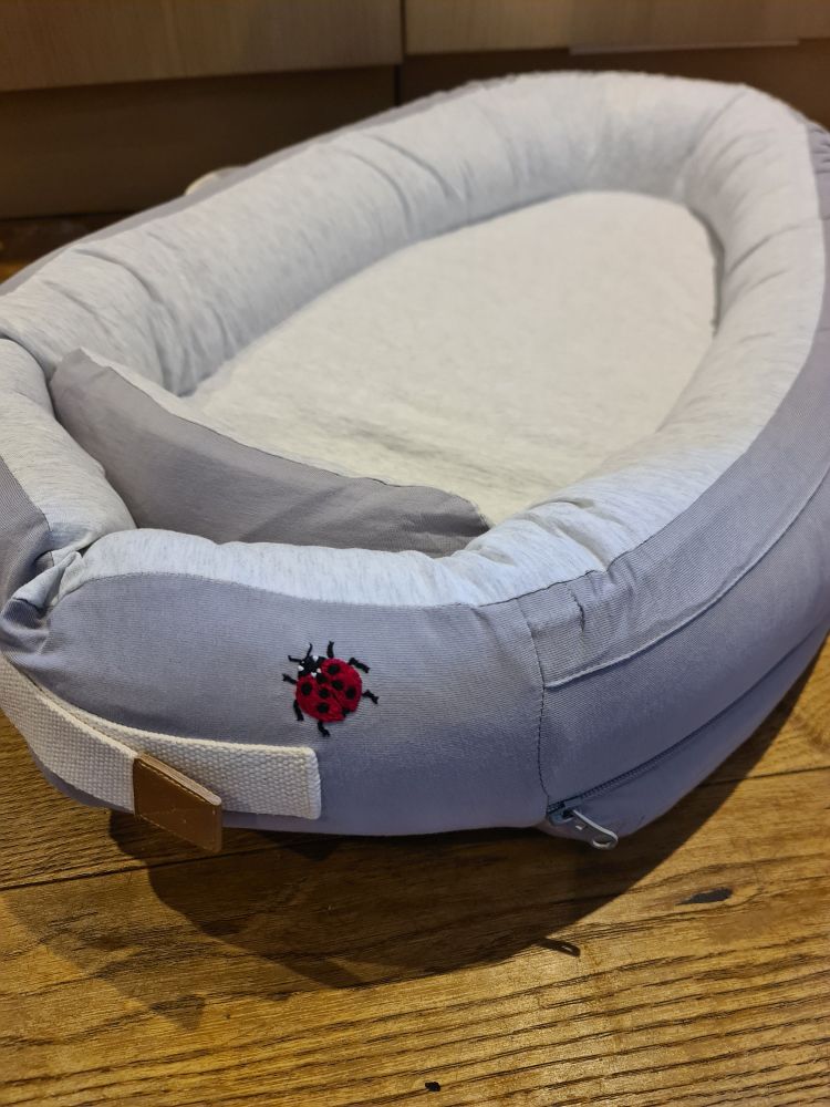 Wider shot of the empty baby nest showing the ladybird on the outer edge of the foot end