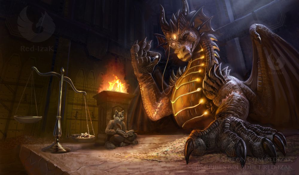 Taldren the black/orange dragon with only right eye sits by enormous desk and counts the gold whhile his anthro wolf helper writes all the data down. in the background there are dwarven like big lockers with scafldings full of gold 