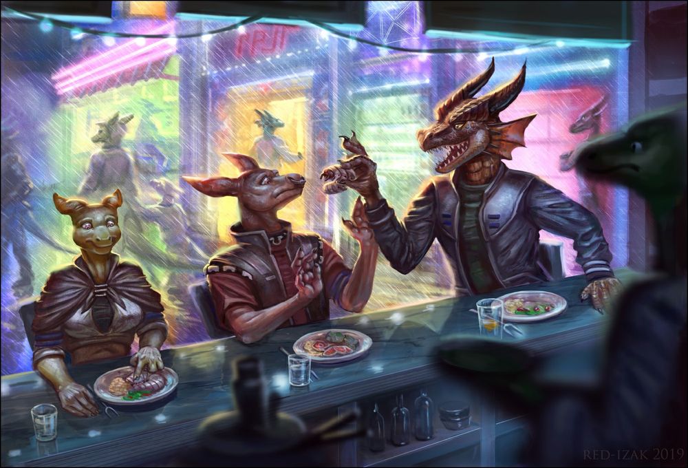 Group of anthro reptile characters trying to eat some cusine made of bugs but of them are not fond of it