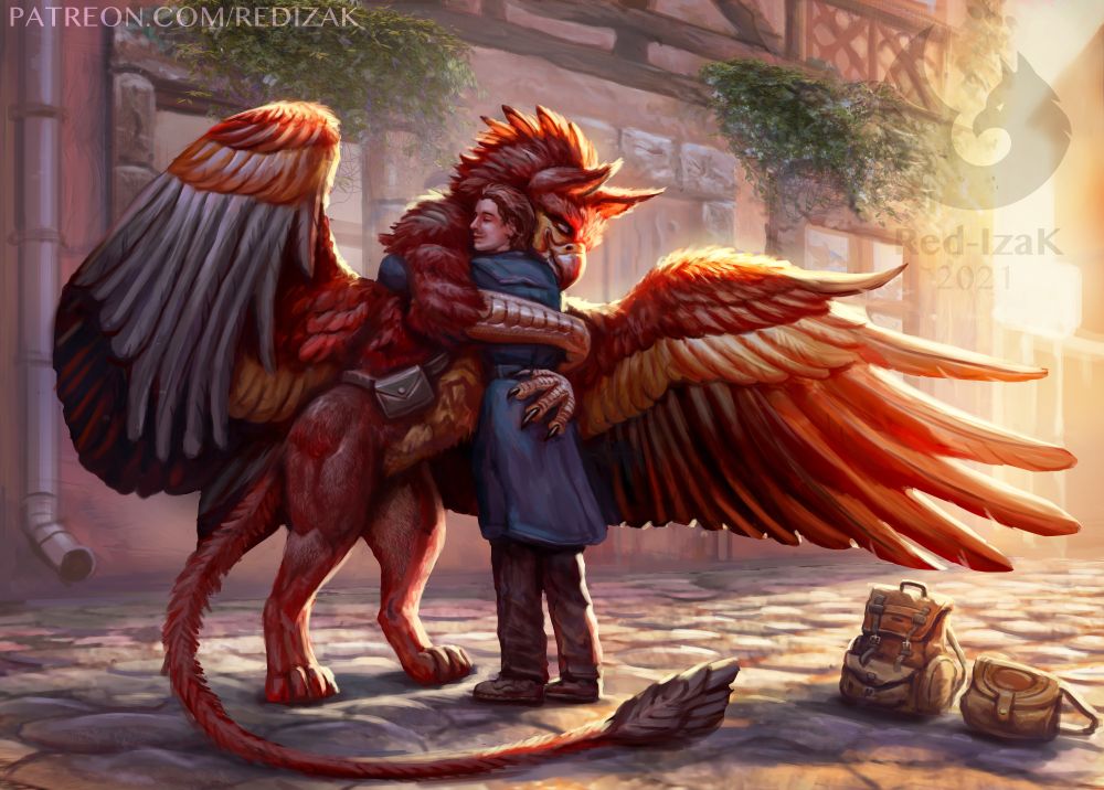 Red gryphon hug from a man 
