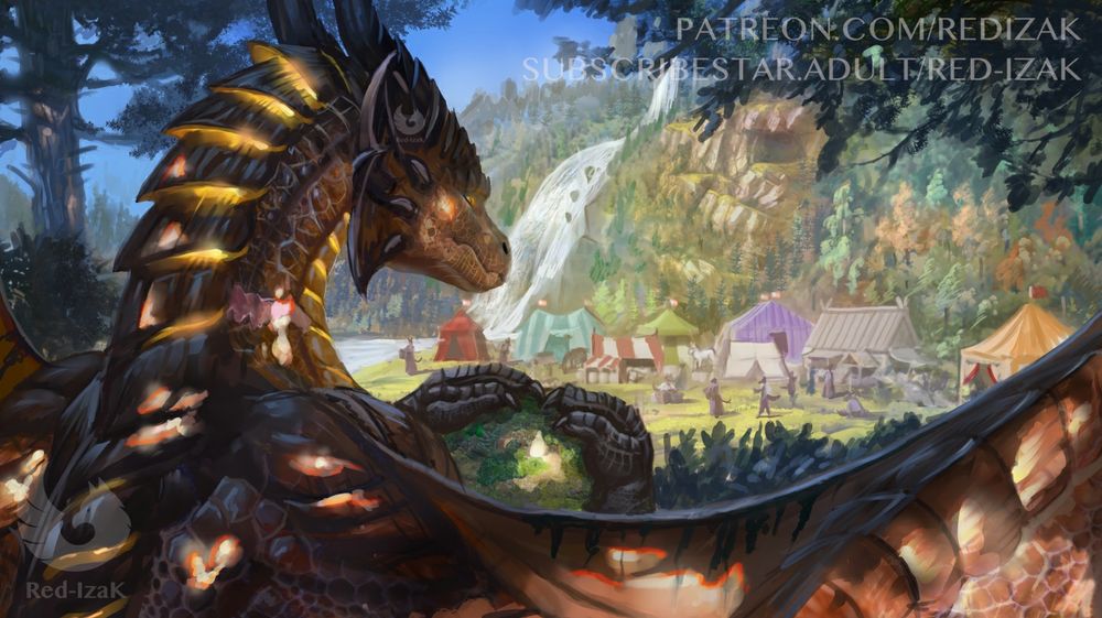 Taldren the orange dragon with dark stripes watching the camp that is growing under his cave