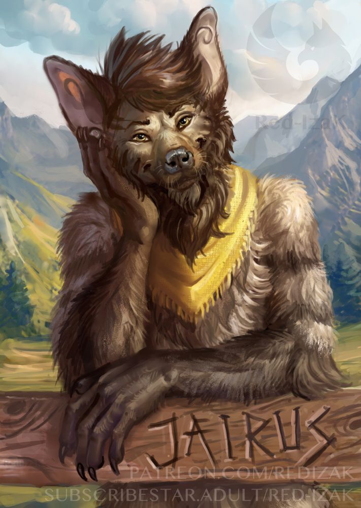 Striped Hyena Jairus looks at you; he's posing in front in the meadow in overcast mountains