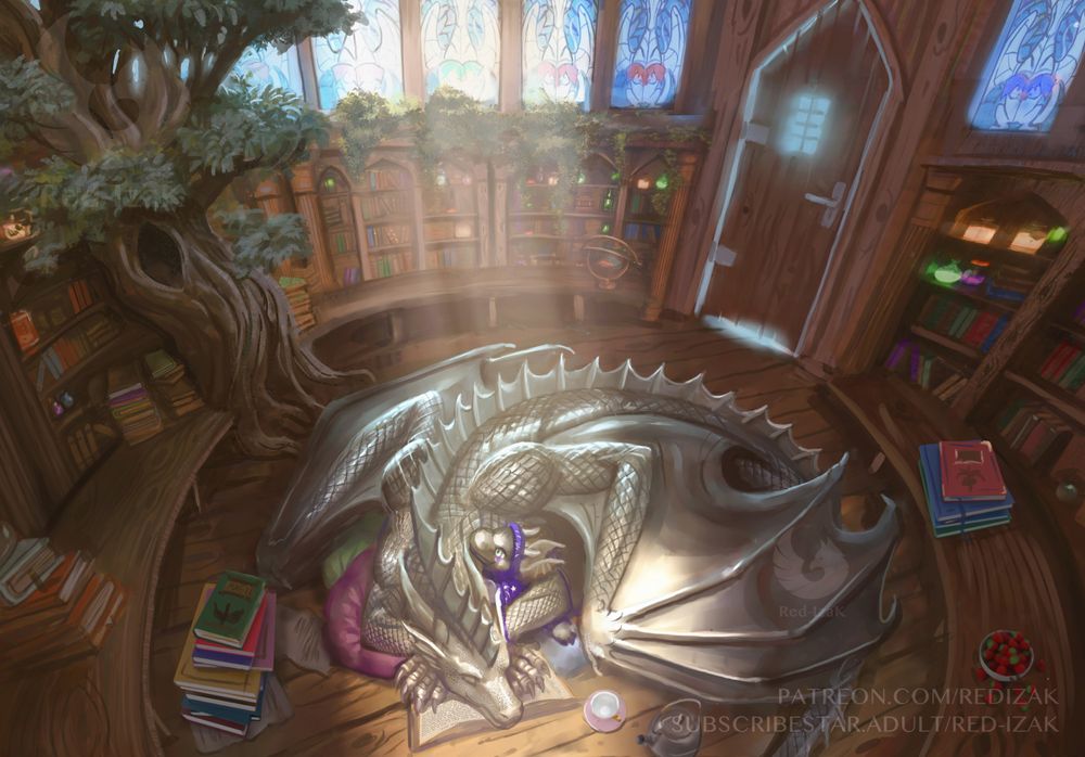 Silver dragon sleeping in their rotund library, surrounded by books, holding a plushie. God lights just started to light the interior