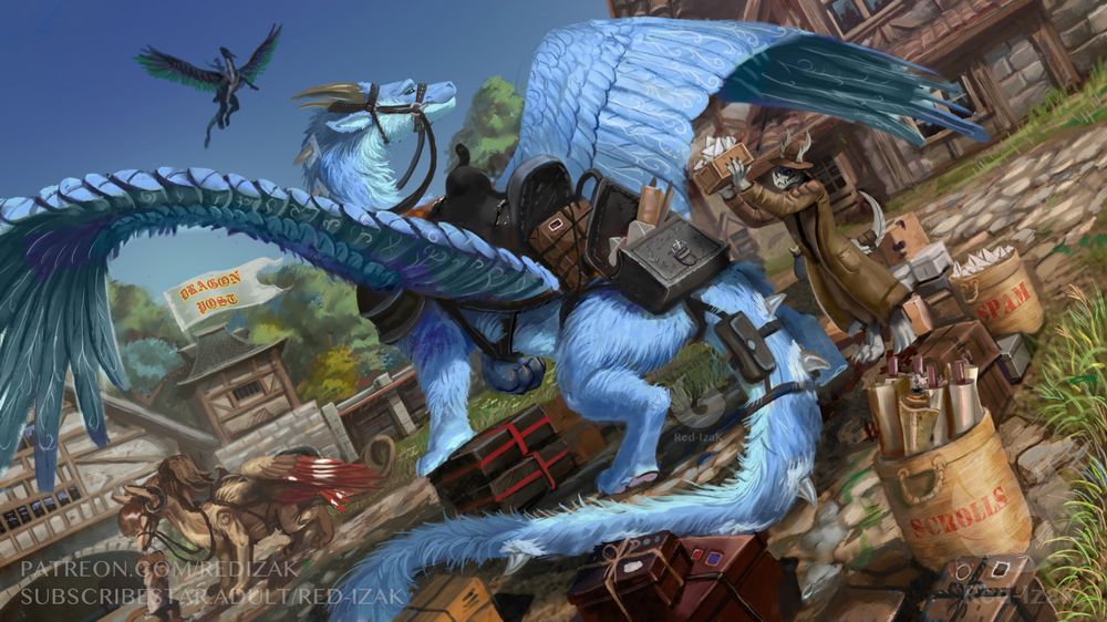 Dragon post; blue dragon Zephyr in the middle of art