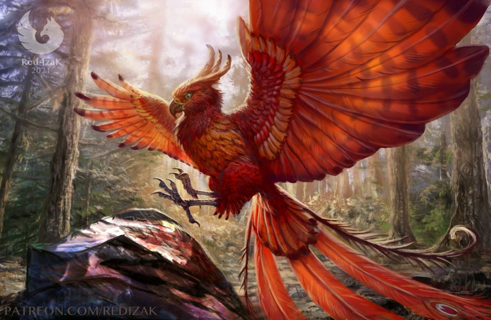 Phoenix landing on obsydian stone