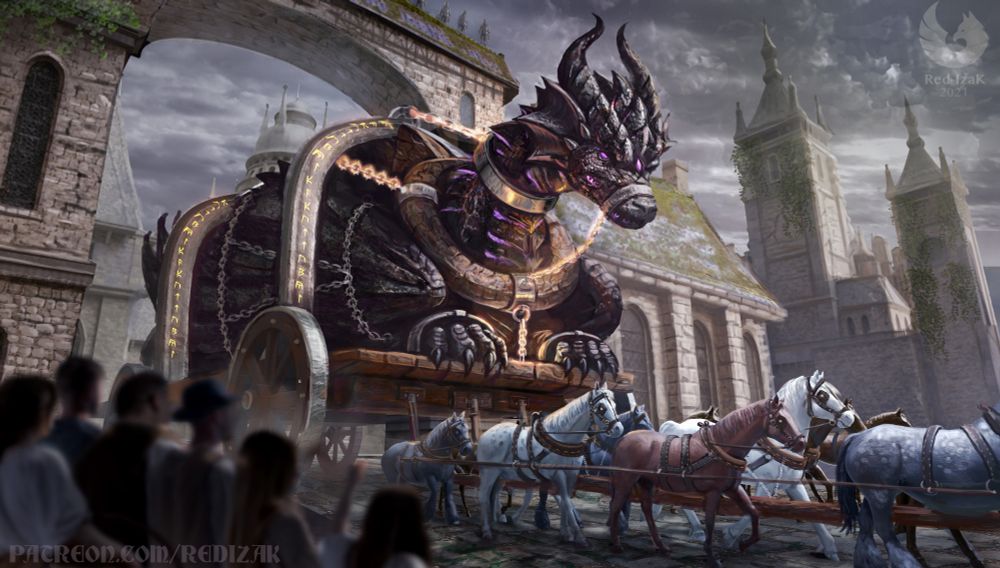 chained black dragon is placed on wagon being pulled by many horses. The wagon goes through city walls and is watches by crowd