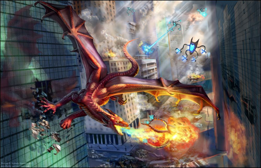 Red Dragon fighting with aliens in big city!