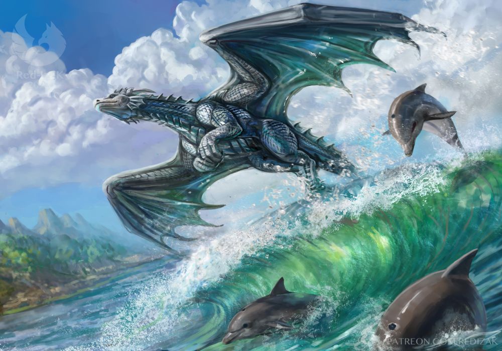 Silver dragon jumping with dolphins