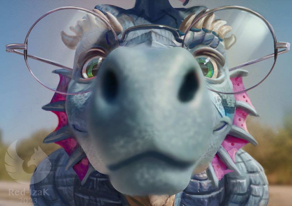 very intense closeup of blue dragon's snout. he looks at you while wearing glasses