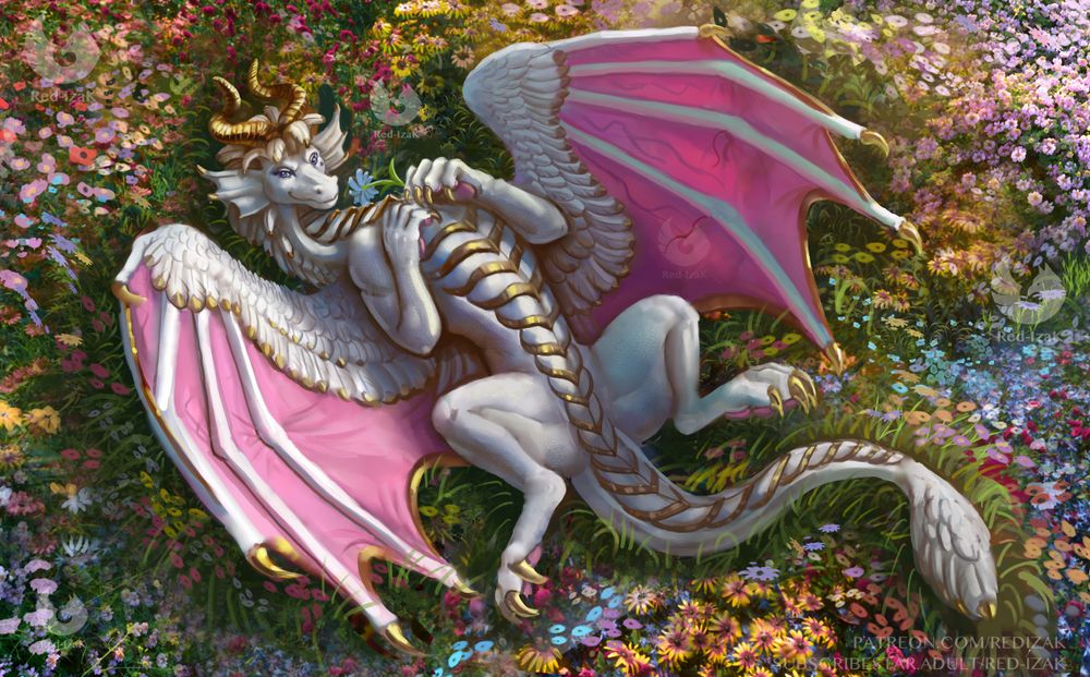 white/gold dragon laying on meadow full of flowers