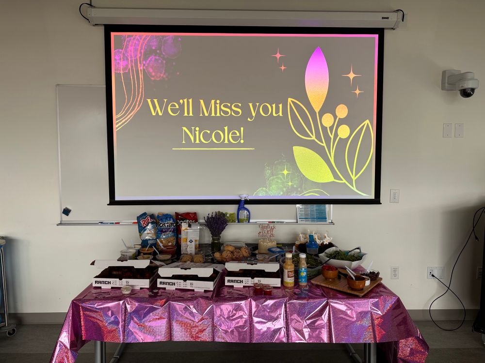 A colorfully projected image with the words, “We’ll miss you Nicole!” is over a table with a pink shimmery tablecloth filled with potluck foods; there is pizza, salad, chips, dips, a cake, cupcakes and flowers for decoration.