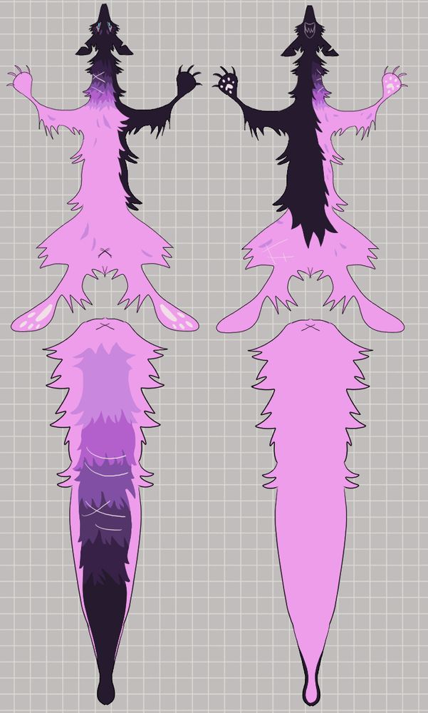 a weasel (?) like anthro character, this time a clothes-less reference for her pelt. her color palette consists of blacks, purples and pinks. she has white scars littered on parts of her body. one half of the illustration shows her back, while the other shows her underbelly.