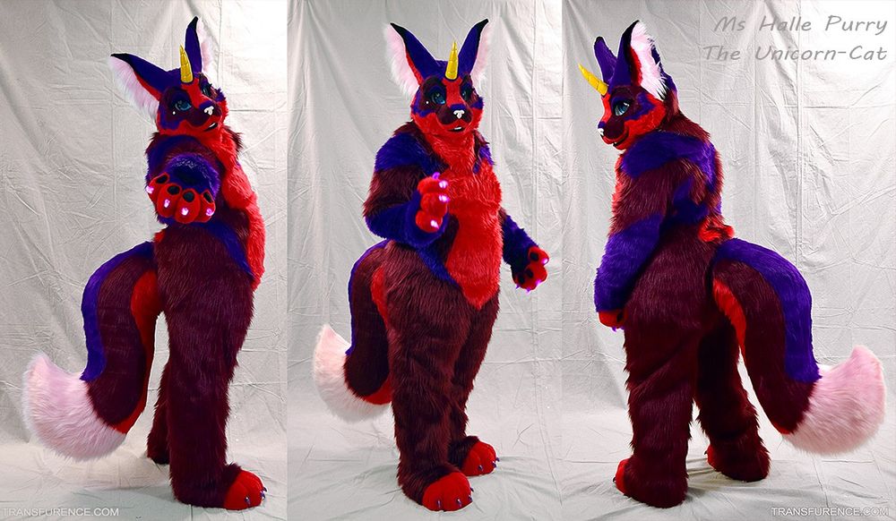 A red and purple unicorn cat fursuit.