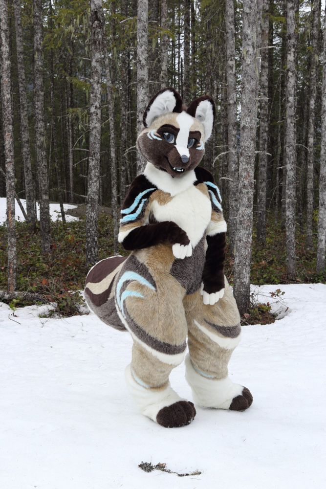 Nuke the fox fursuit striking a post in the snow.