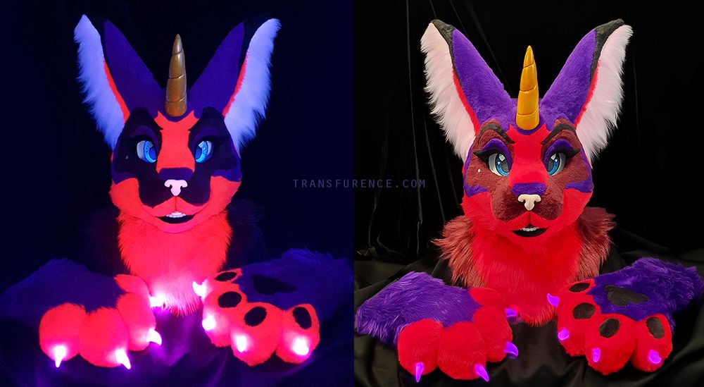 The head and paws of Hale Purry showing the UV reactive fur and LED claws.