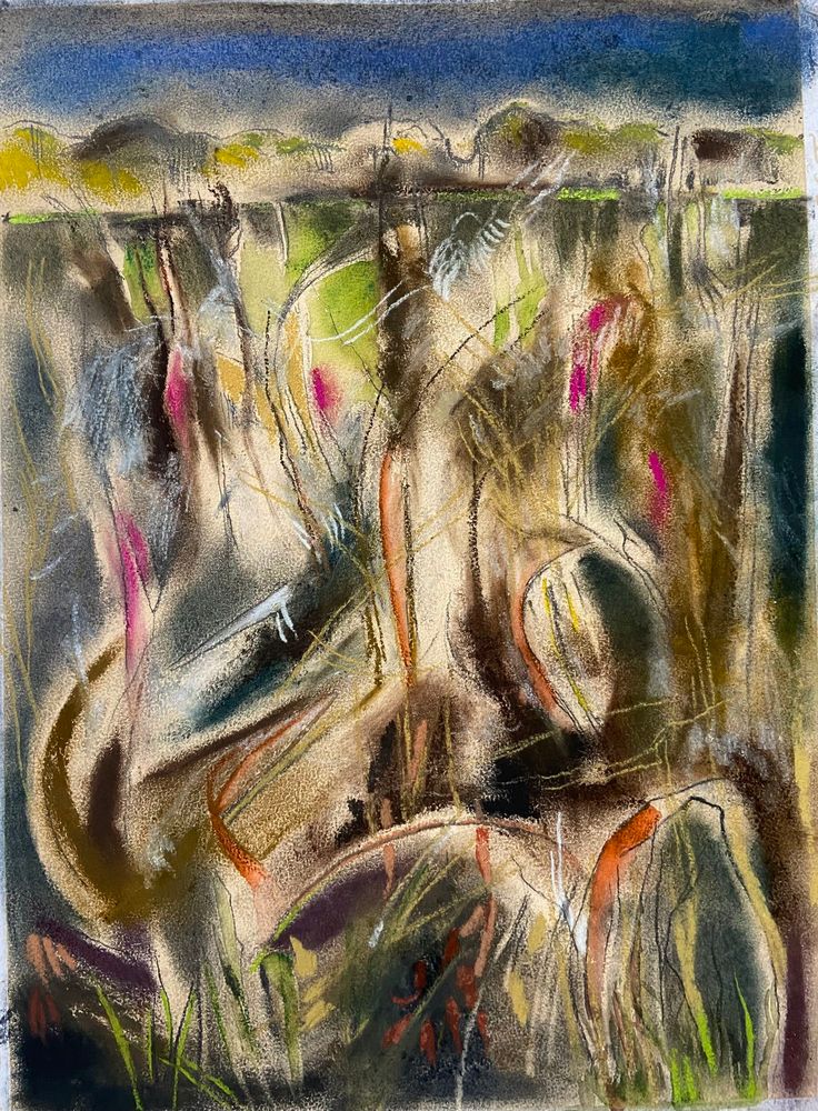 Landscape vegetation dying: mainly rosebay willowherb with bright white seed heads. Tangled and rough. Abstractly drawn and multicoloured.  