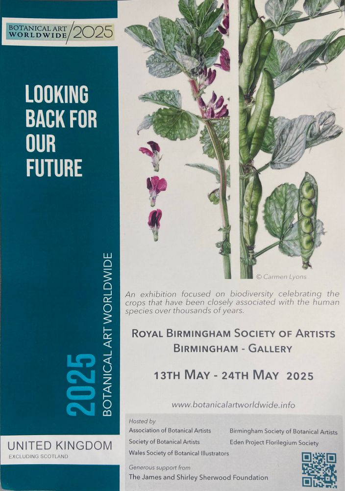 Flyer for an exhibition to take place in Birmingham UK 13th-24th May focussed on biodiversity celebrating crops closely associated with the human species over thousands of years. Image of broad bean by Carmen Lyons 
