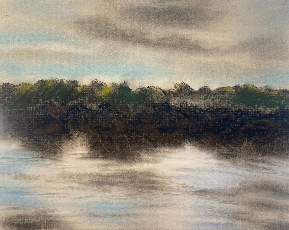 Small square-ish drawing of a dark band of distant trees and a brooding sky reflected in the water of the Stratford Canal near Lapworth, Warwickshire. Pastel and charcoal. 