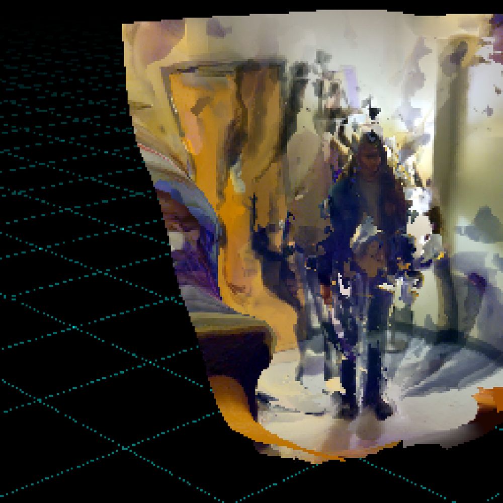 digital image of a wiggly, shattered, pixelated form of a person. several shadows emanate from them into the room, which seems to cup them. outside of the room is an endless black void with a blue-green grid