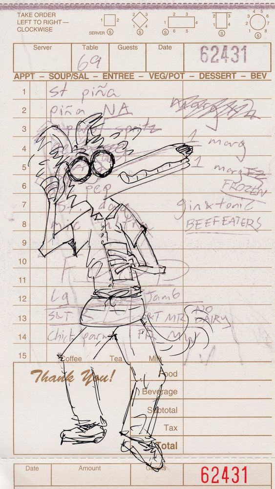 a dog in a way too hot button-up and a pair of way WAY too hot chino pants smiles nervously, hunching over slightly. she's drawn upon a carbon-copy guest receipt, with the gray afterimage of drink orders scrawled in the background