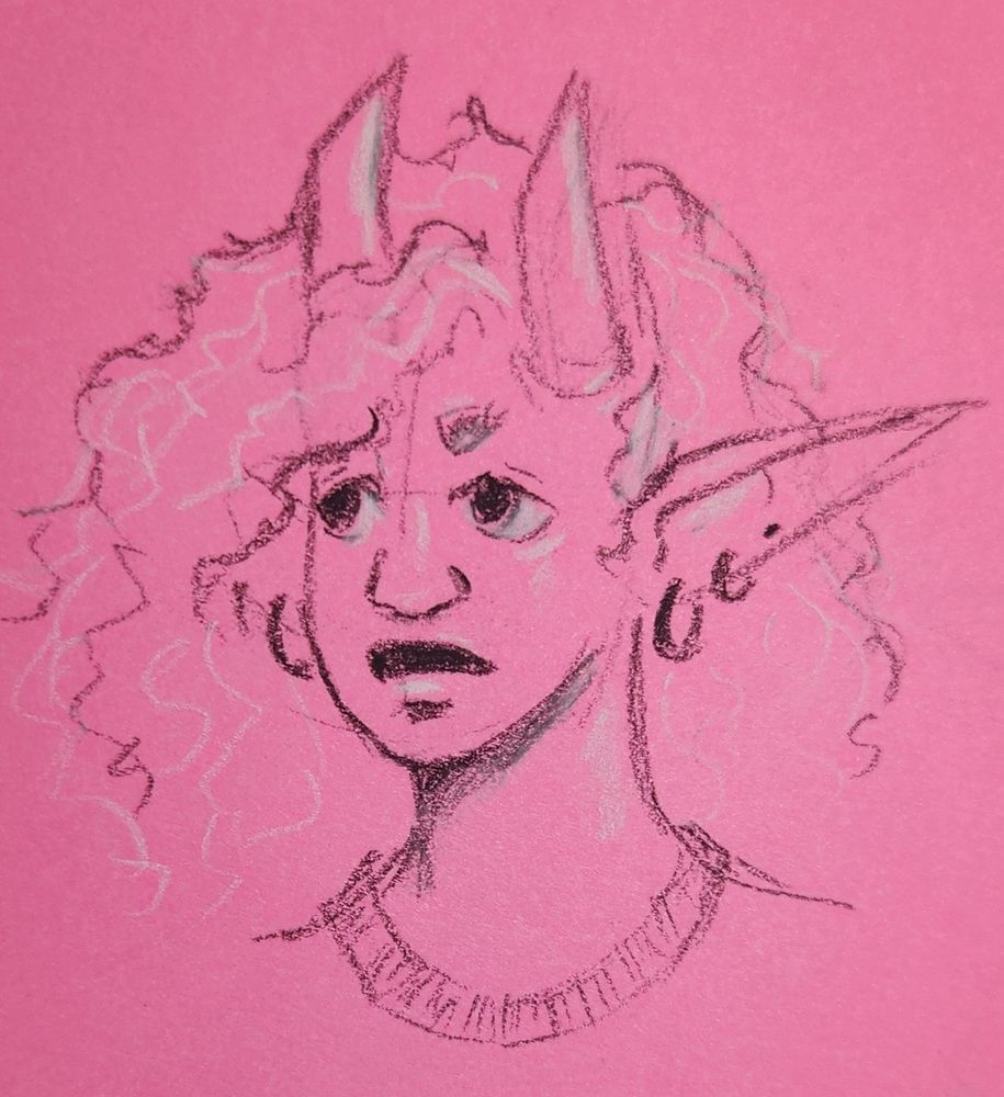 Doodle of character headshot in black and white only pink paper

the character is the persona or sona of @SeaGoat.bSky.social 

the character is facing left has has curly hair with horns and large elf like ears with two hoop earrings