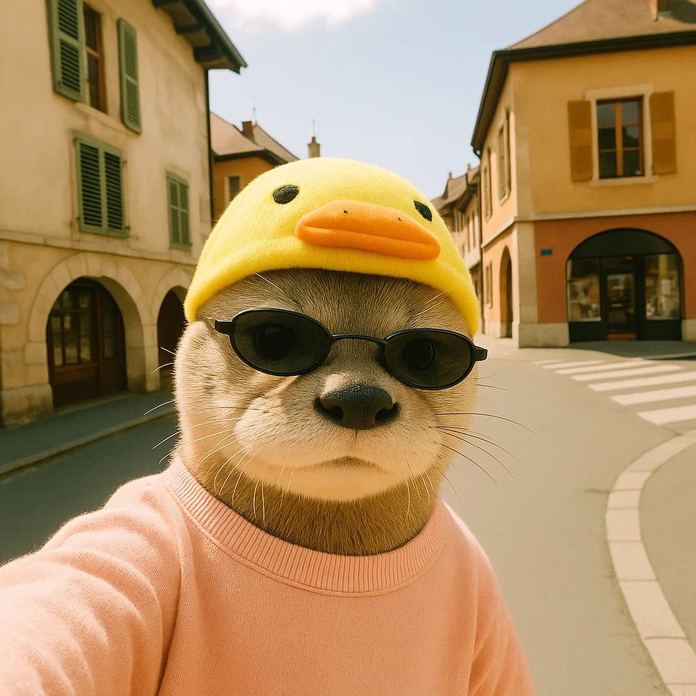 Un animal anthropomorphe ressemblant à une loutre, vêtu d’un pull rose pâle et portant un bonnet jaune vif en forme de canard avec un bec orange. Il porte également des lunettes de soleil ovales noires. L’arrière-plan montre une rue pavée bordée de bâtiments anciens aux volets verts et aux façades colorées, évoquant un village européen pittoresque. La loutre, au centre de l’image, regarde directement l’appareil photo comme pour un autoportrait.