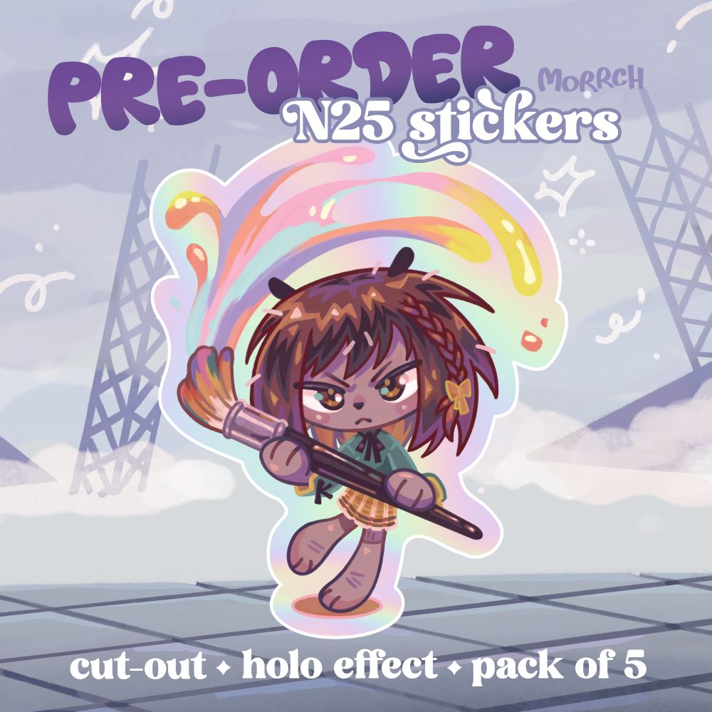 design of Ena as a hedgehog, purple and brown, with a splash of every color on her paintbrush