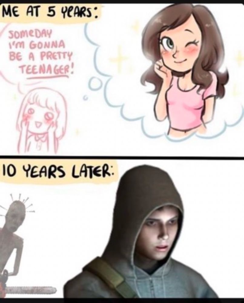 first box a little girl wearing pink imaging herself in the future as a cute teenager.
second box says ten years later and there is an image of a hooded human shell in front of a monitor with empty eyes and frozen soul.