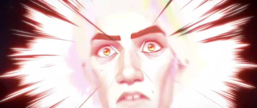 Viktor in Season 2 of Arcane. He’s in his astral form when he first tries to enter Warwick/Vander’s mind. He has white fluffy hair and a shocked expression on his face with the impact of Warwick popping out at him in Vander’s mind. His eyes are wide open and his two front teeth are visible through his frown.