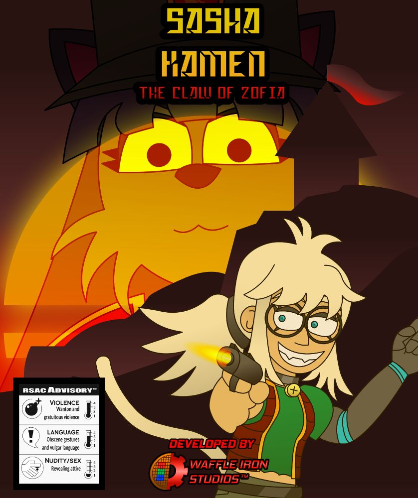 Boxart mockup of Sasha Kamen: The Claw of Zofia with an RSAC advisory in the corner, and Sasha shooting a gun, while General Zofia is overlayed in the background.