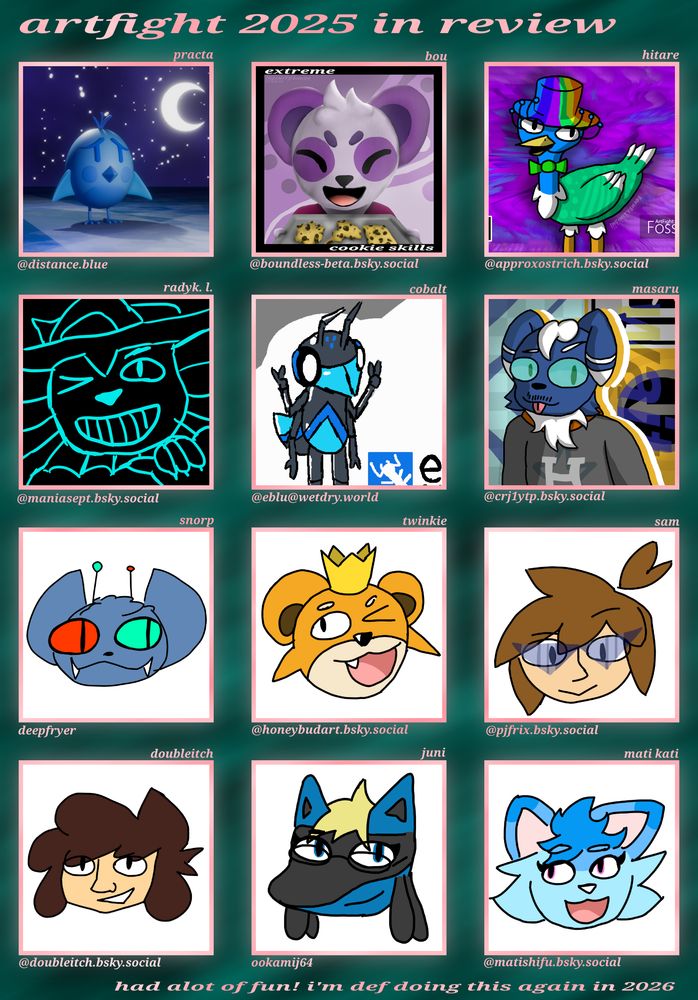 a grid of illustrations of 12 characters

- a simple geometric blue bird (practa - @distance.blue)
- a purple panda holding a tray of cookies (bou - @boundless-beta.bsky.social)
- a green and blue ostrich wearing a rainbow hat (hitare - @approxostrich.bsky.social)
- a vaporeon with a cheeky expression (radyk l. - @maniasept.bsky.social)
- a blue anthro ant (cobalt - @eblu@wetdry.world)
- a blue meowstic (masaru - @crj1ytp.bsky.social
- an alien bat with one eye red and the other green (snorp - deepfryer)
- a yellow bear with a crown (twinkie - @honeybudart.bsky.social)
- a guy wearing pointy triangle shades (sam - @pjfrix.bsky.social)
- a guy with brown hair (doubleitch - @doubleitch.bsky.social)
- a lucario with glasses and blond hair (juni - ookamij64)
- a blue cat with purple eyes (mati kati - @matishifu.bsky.social)