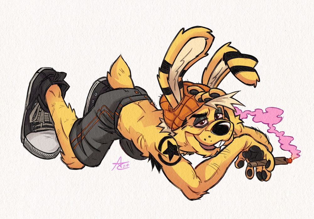 A lanky toonrab is smoking a fat doobie seductively