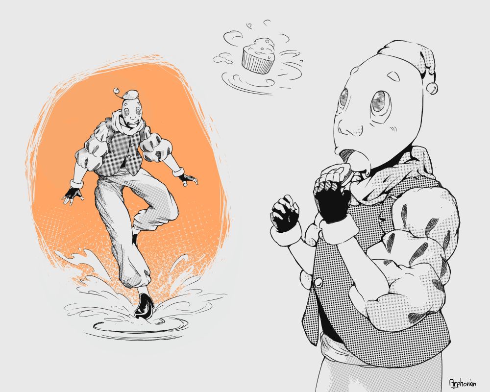 Digital Art of an original character. On the right side, he is enticingly looking at a floating cupcake while eating a sandwich. On the left he is splashing in a puddle.